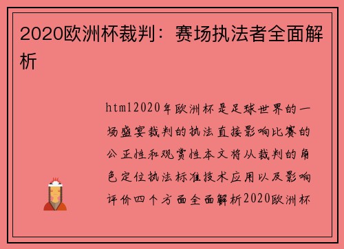 2020欧洲杯裁判：赛场执法者全面解析